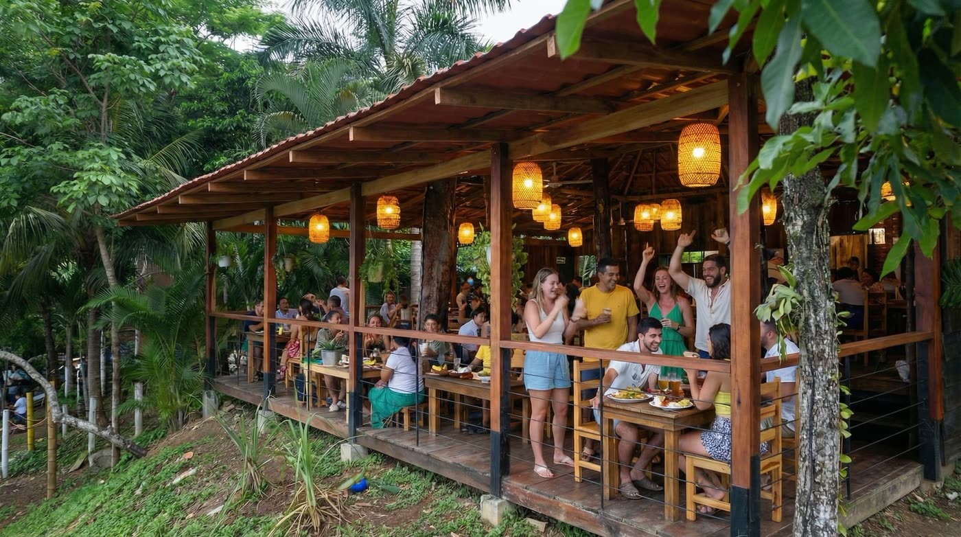 Guests gathering on the wooden Pepez terrace